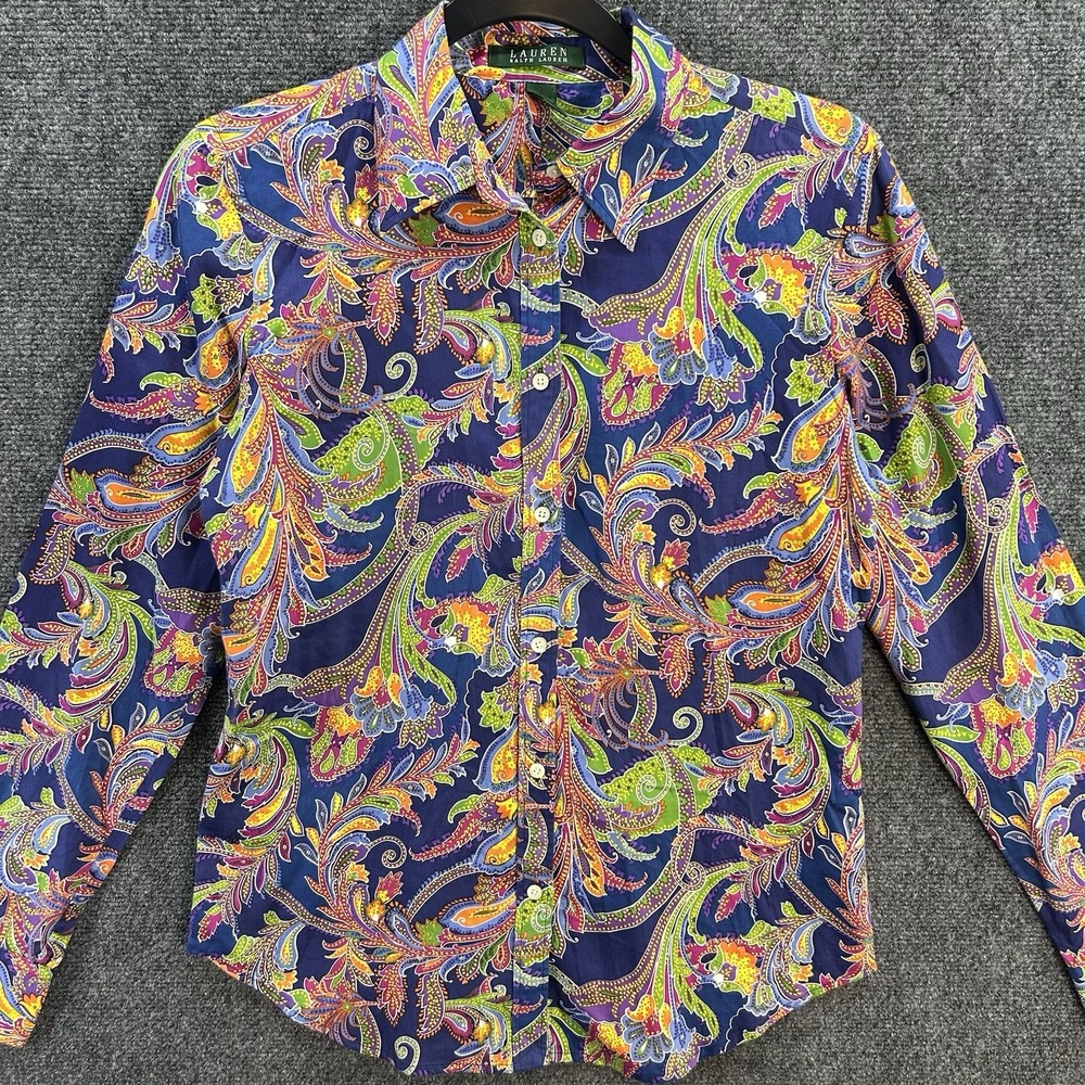 Lauren Ralph Lauren Womens Cotton  Colorful Paisley Button Down Blouse Size S